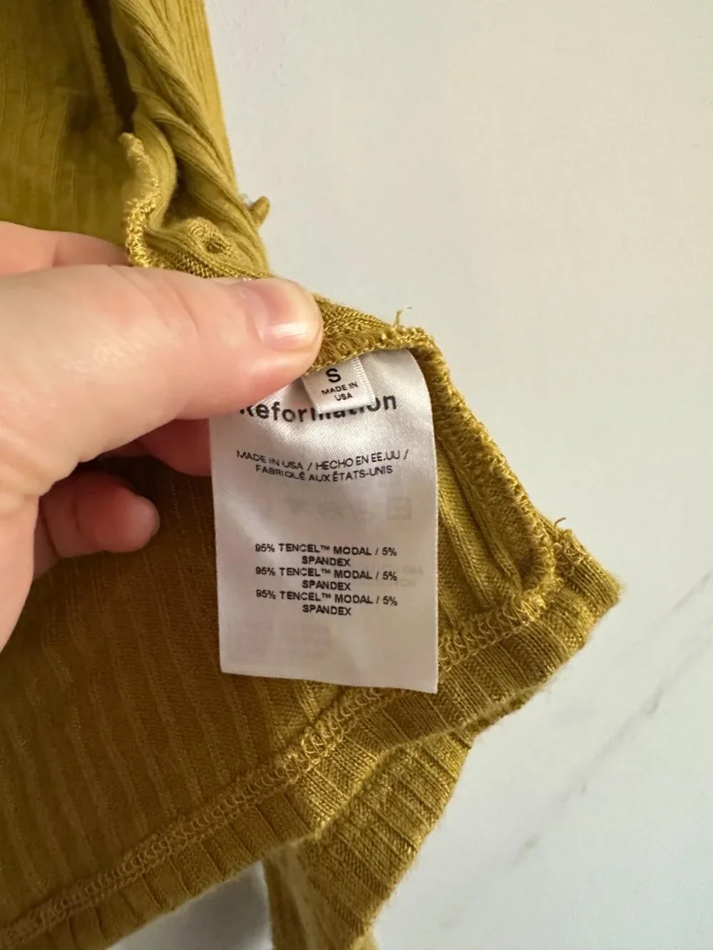 Reformation Ribbed Cropped Cardigan Top S Mustard Yellow Modal Knit Long Sleeve